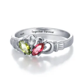 Personalized 925 Sterling Silver Claddagh Ring For Women- Romantic Two Birthstone And Inner Engraving Text
