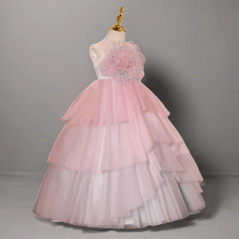 Pink and White Layered Tulle Flower Girl Dress with Floral Bodice for Special Occasion - Plus Size