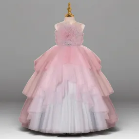 Pink and White Layered Tulle Flower Girl Dress with Floral Bodice for Special Occasion - Plus Size