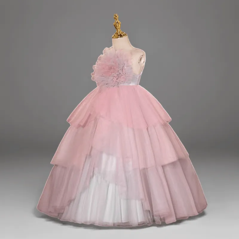 Pink and White Layered Tulle Flower Girl Dress with Floral Bodice for Special Occasion - Plus Size