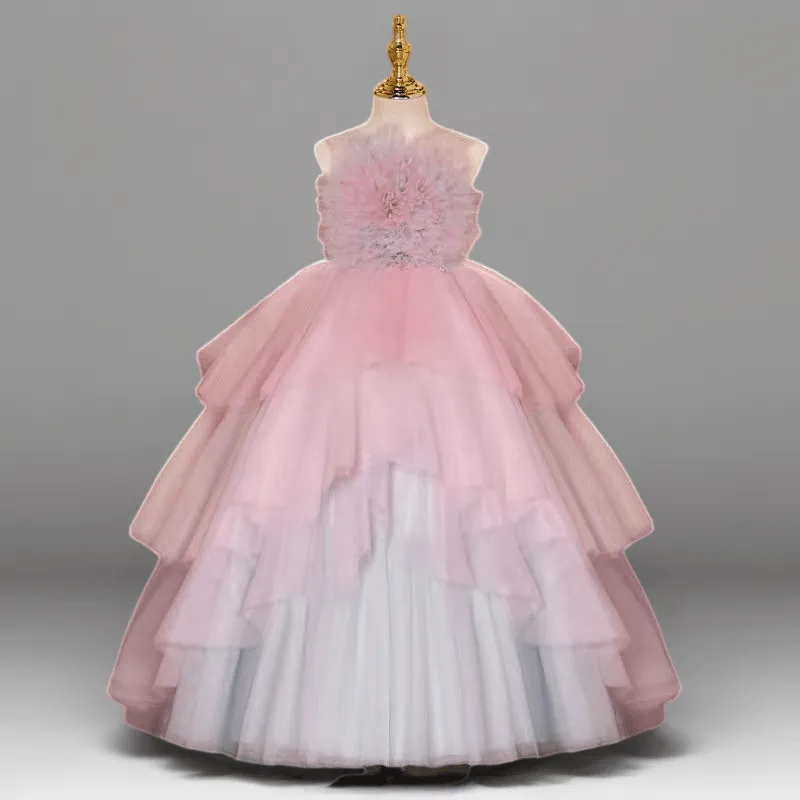 Pink and White Layered Tulle Flower Girl Dress with Floral Bodice for Special Occasion - Plus Size