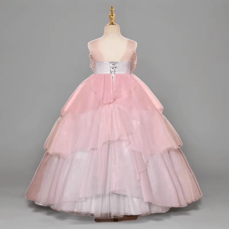 Pink and White Layered Tulle Flower Girl Dress with Floral Bodice for Special Occasion - Plus Size