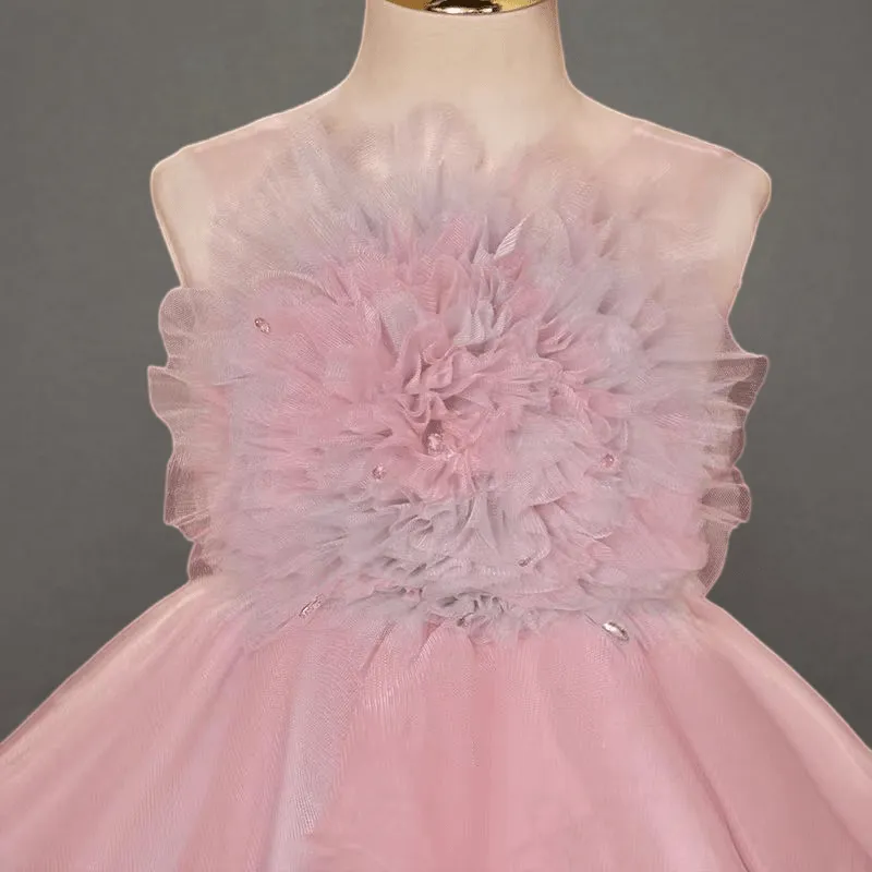 Pink and White Layered Tulle Flower Girl Dress with Floral Bodice for Special Occasion - Plus Size
