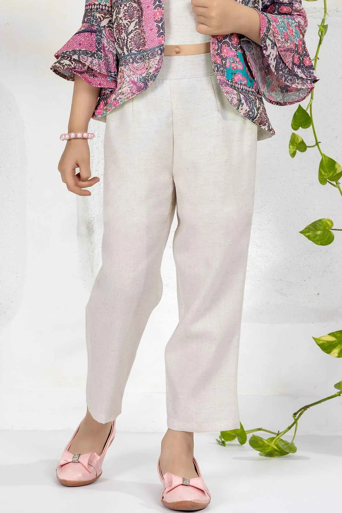 Pink Floral Printed Overcoat And Cream Crop Top With Pant Set For Girls