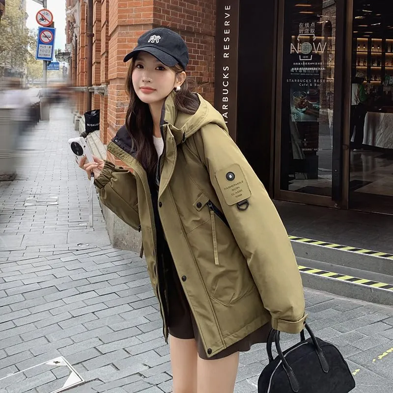 Plain Padded Hooded Lettering Logo Zip Jacket