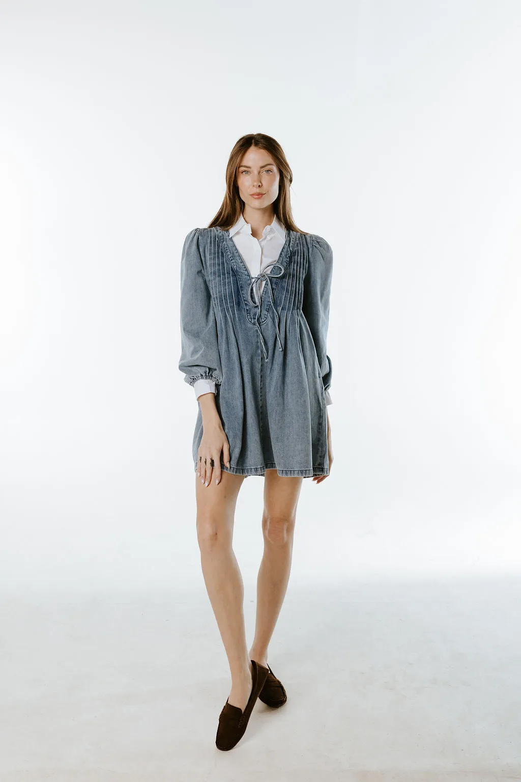 Pleated Front Denim Babydoll Dress