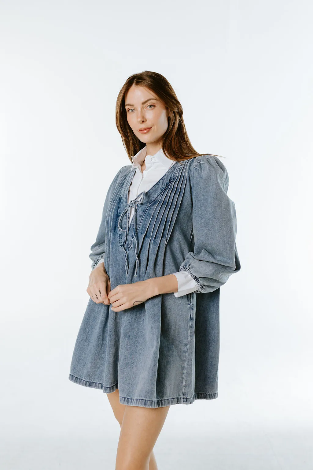Pleated Front Denim Babydoll Dress
