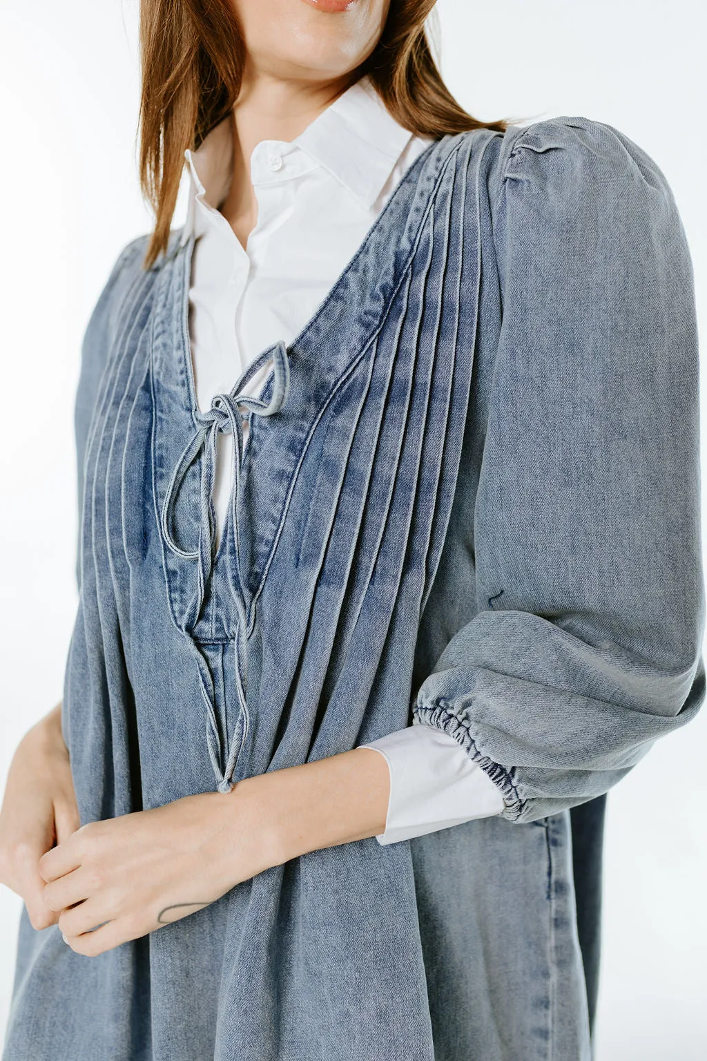 Pleated Front Denim Babydoll Dress