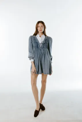 Pleated Front Denim Babydoll Dress