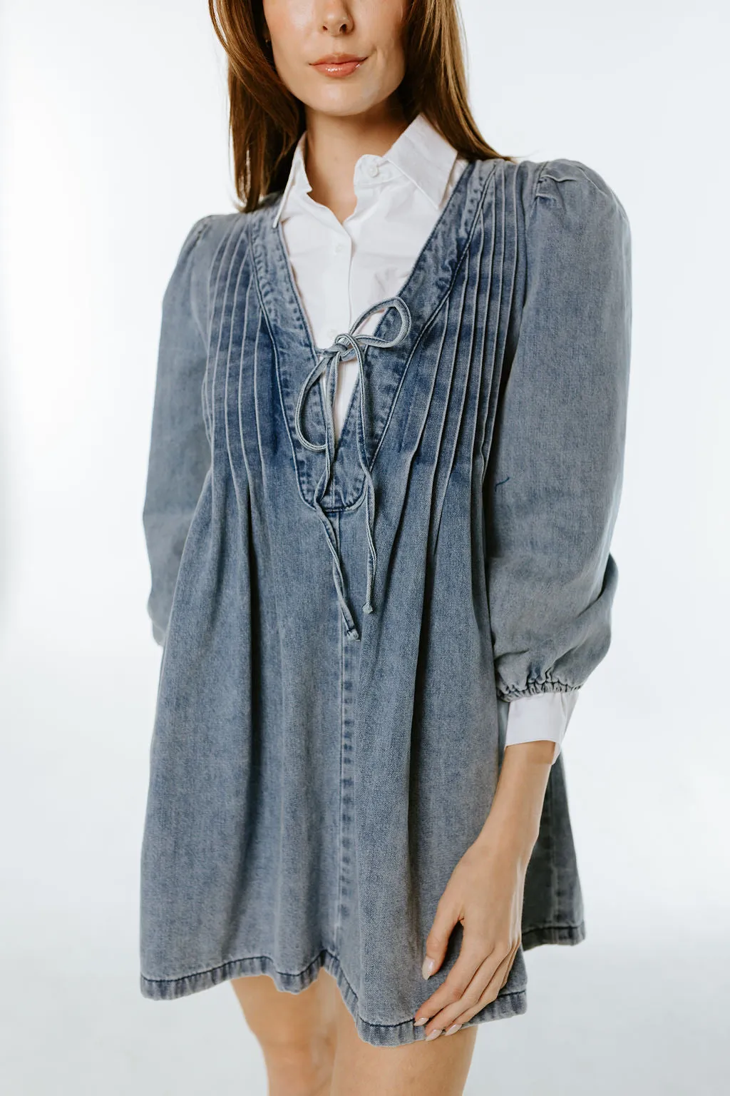 Pleated Front Denim Babydoll Dress