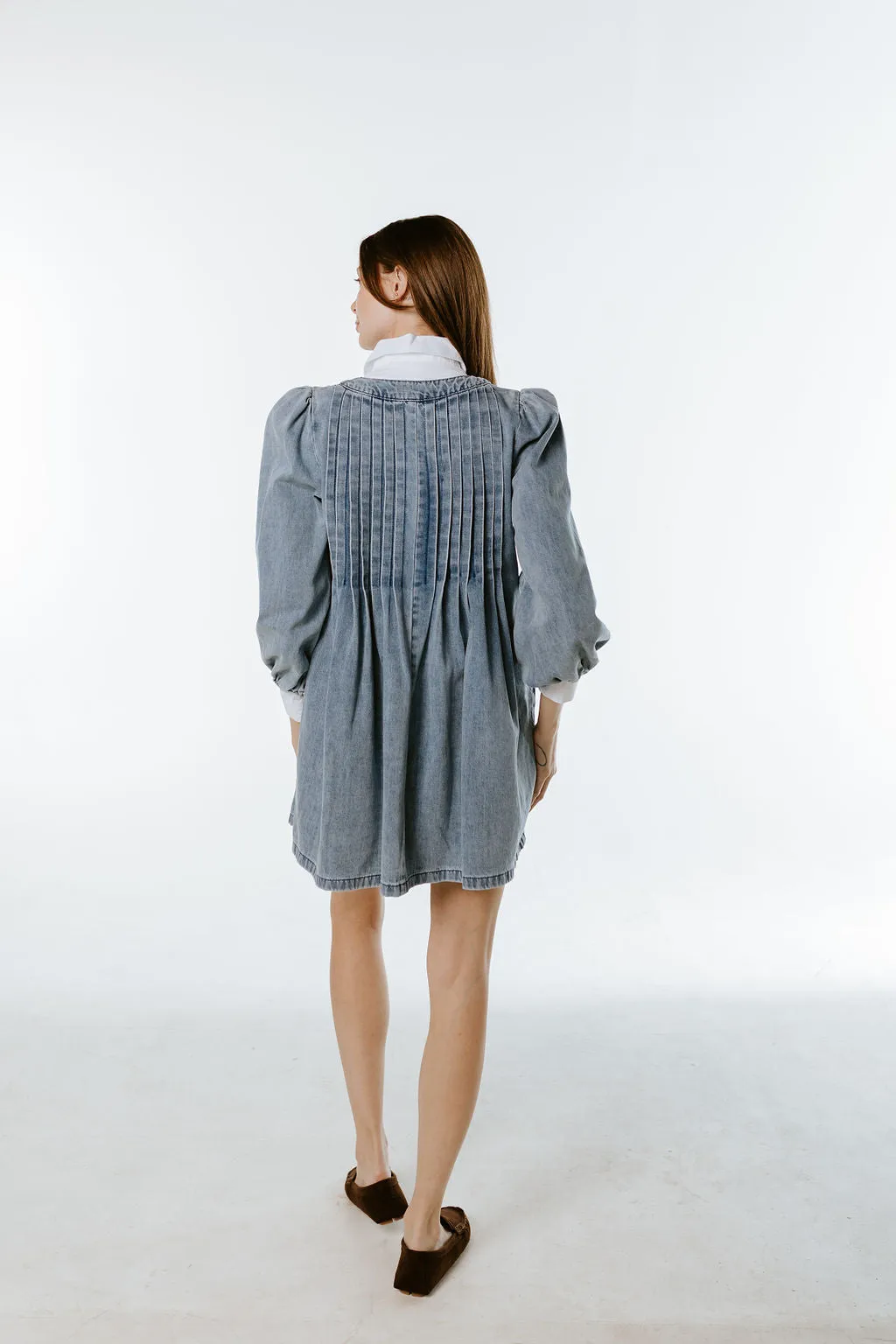 Pleated Front Denim Babydoll Dress