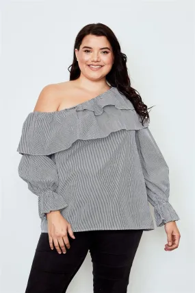 Plus Size Black One Shoulder Ruffle Layer Top /2-2-2