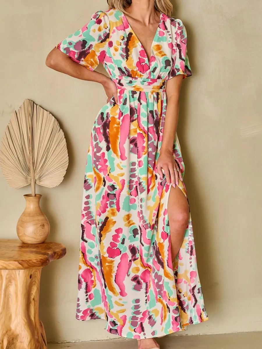 Printed Maxi Dress with Short Sleeves and Slit Leg