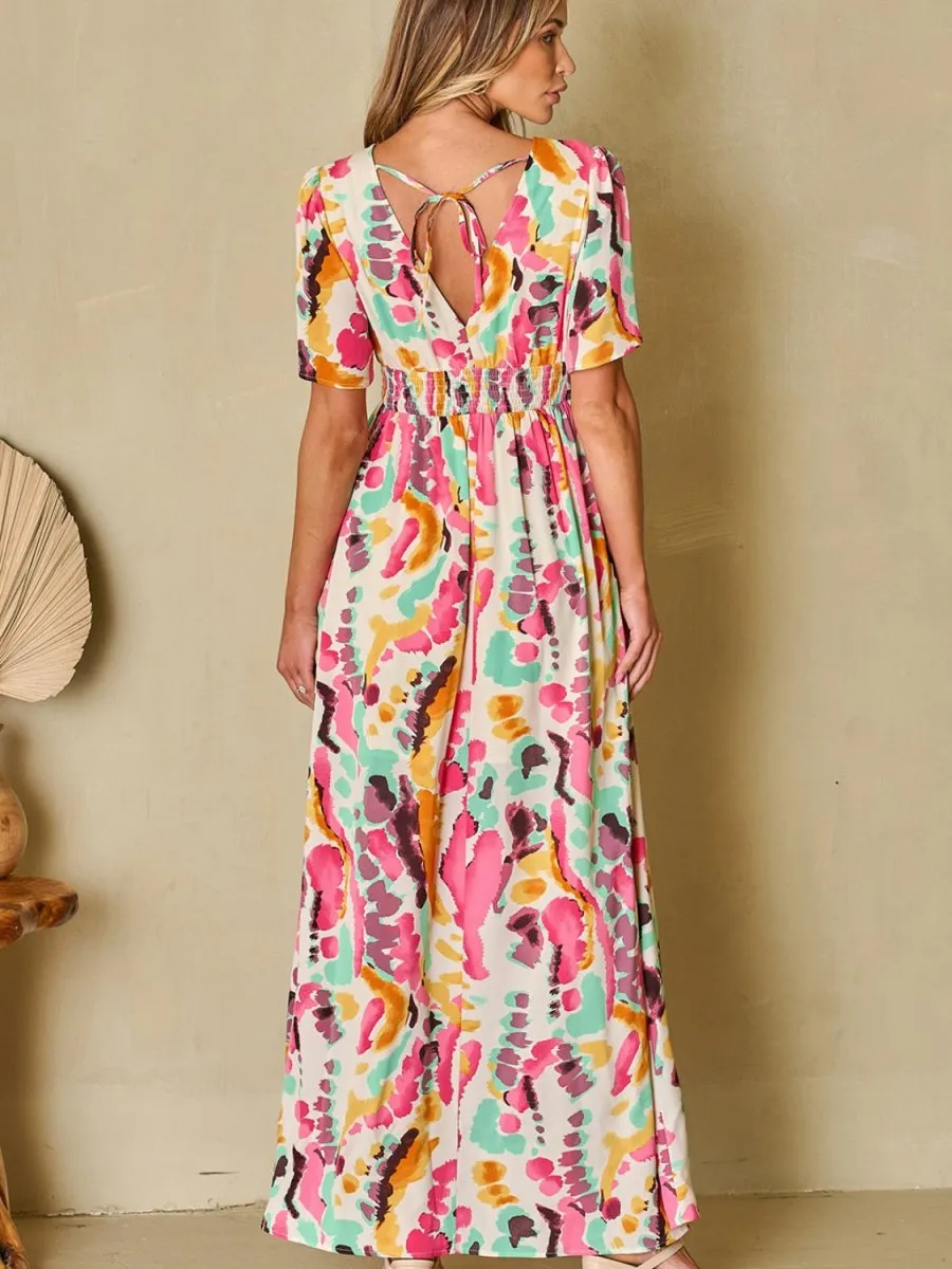 Printed Maxi Dress with Short Sleeves and Slit Leg