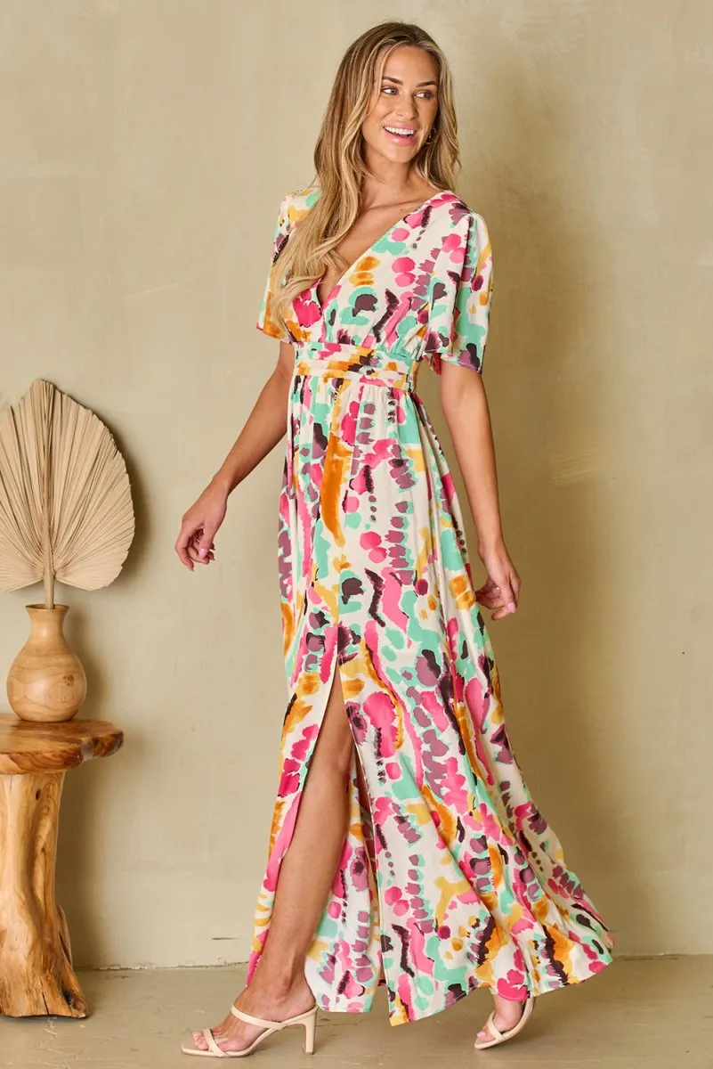 Printed Maxi Dress with Short Sleeves and Slit Leg