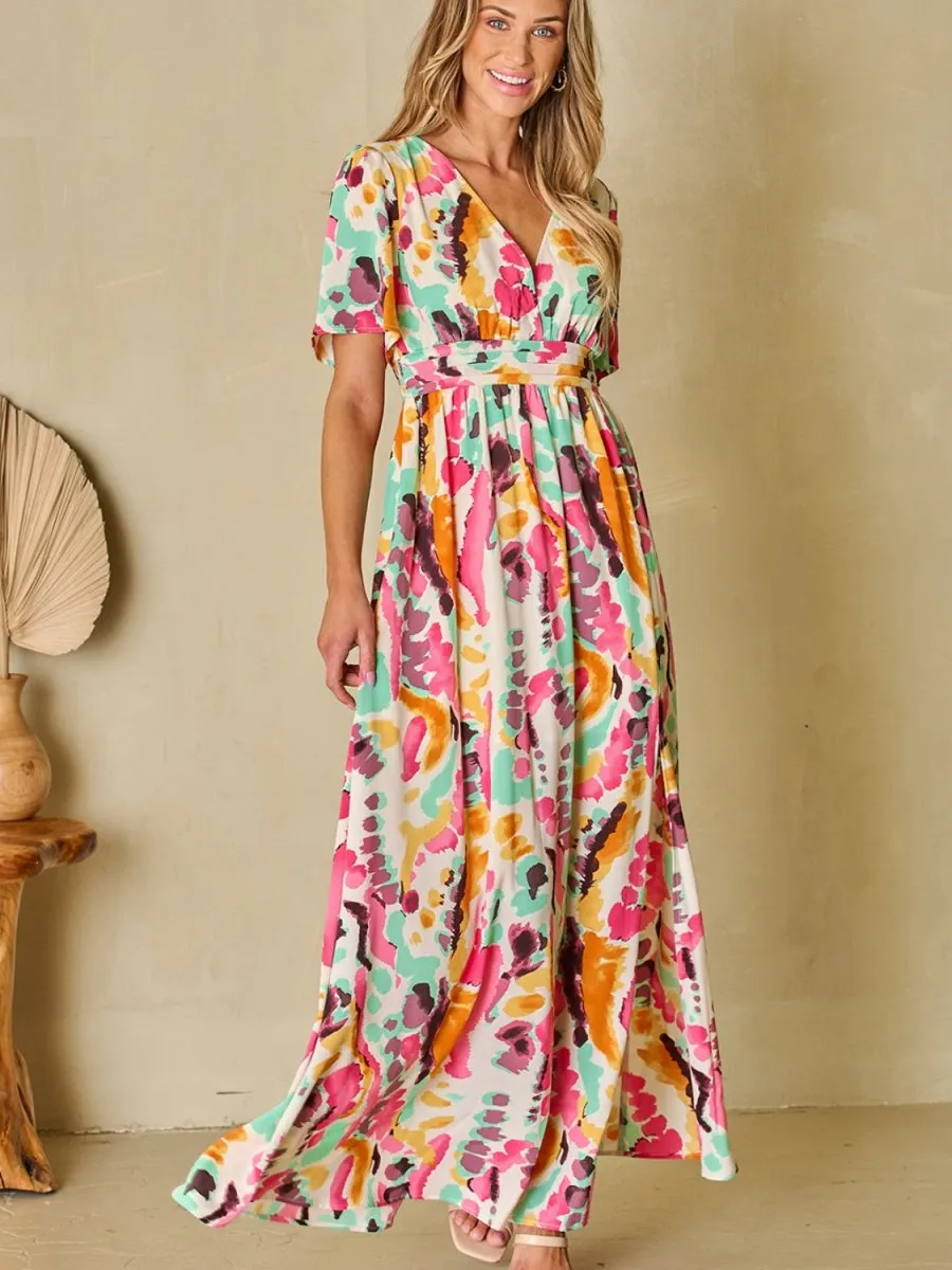 Printed Maxi Dress with Short Sleeves and Slit Leg
