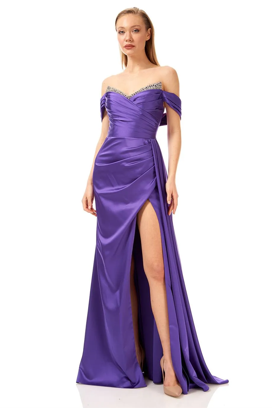 Purple maxi off shoulder dress with stones
