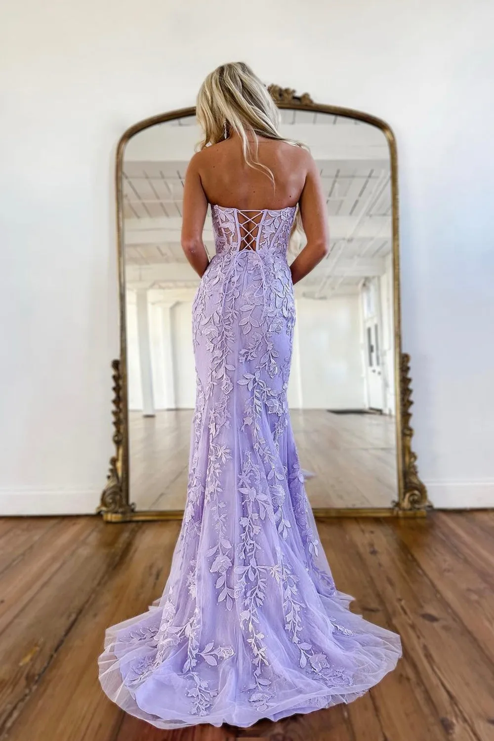 Purple Tulle Lace Long Prom Dress, Mermaid Strapless Evening Dress