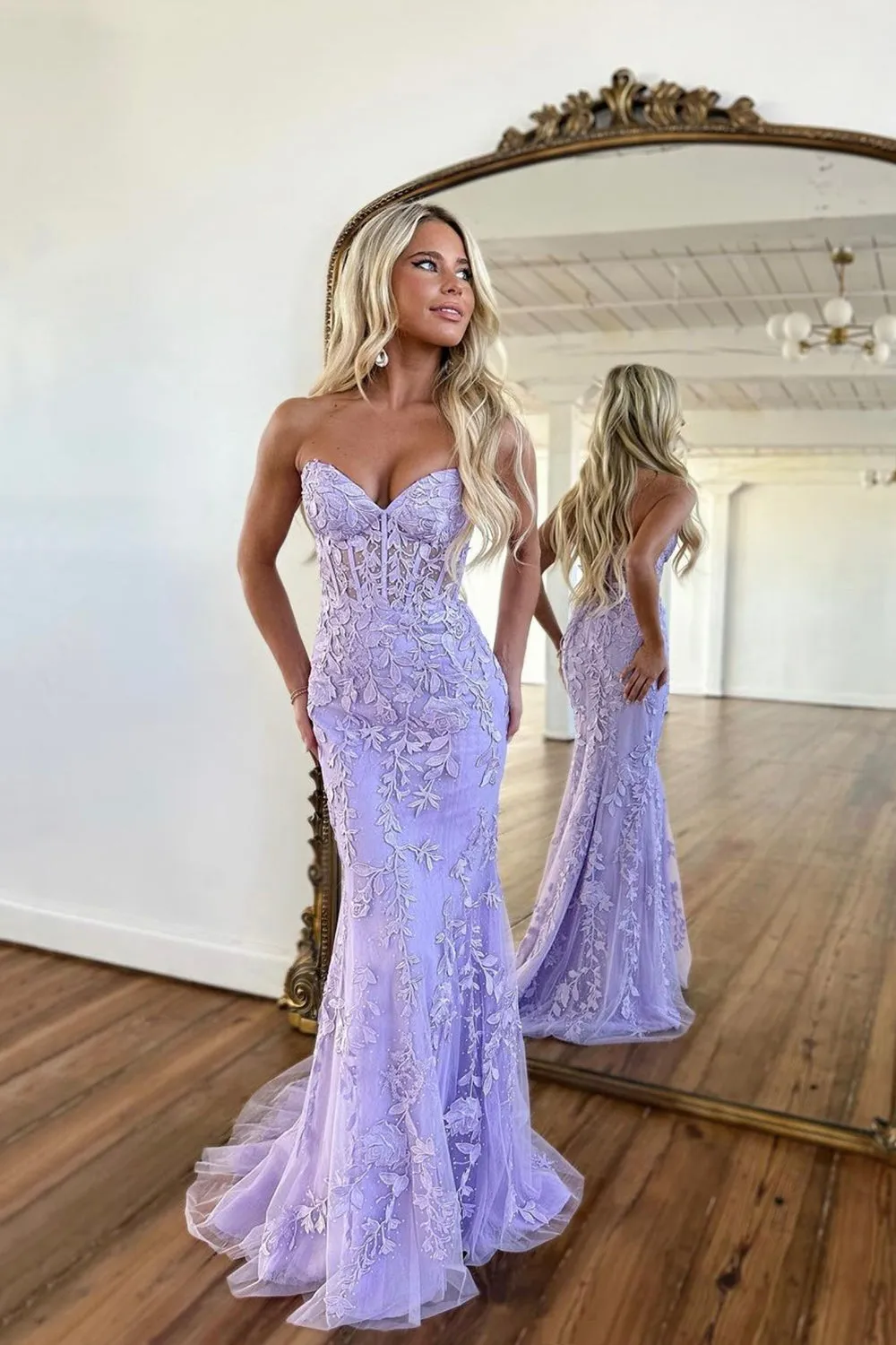 Purple Tulle Lace Long Prom Dress, Mermaid Strapless Evening Dress