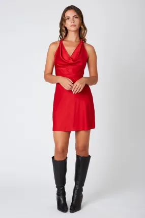 "Holiday Dream" Red Silk Mini Dress w/ Cowl Neck Detail