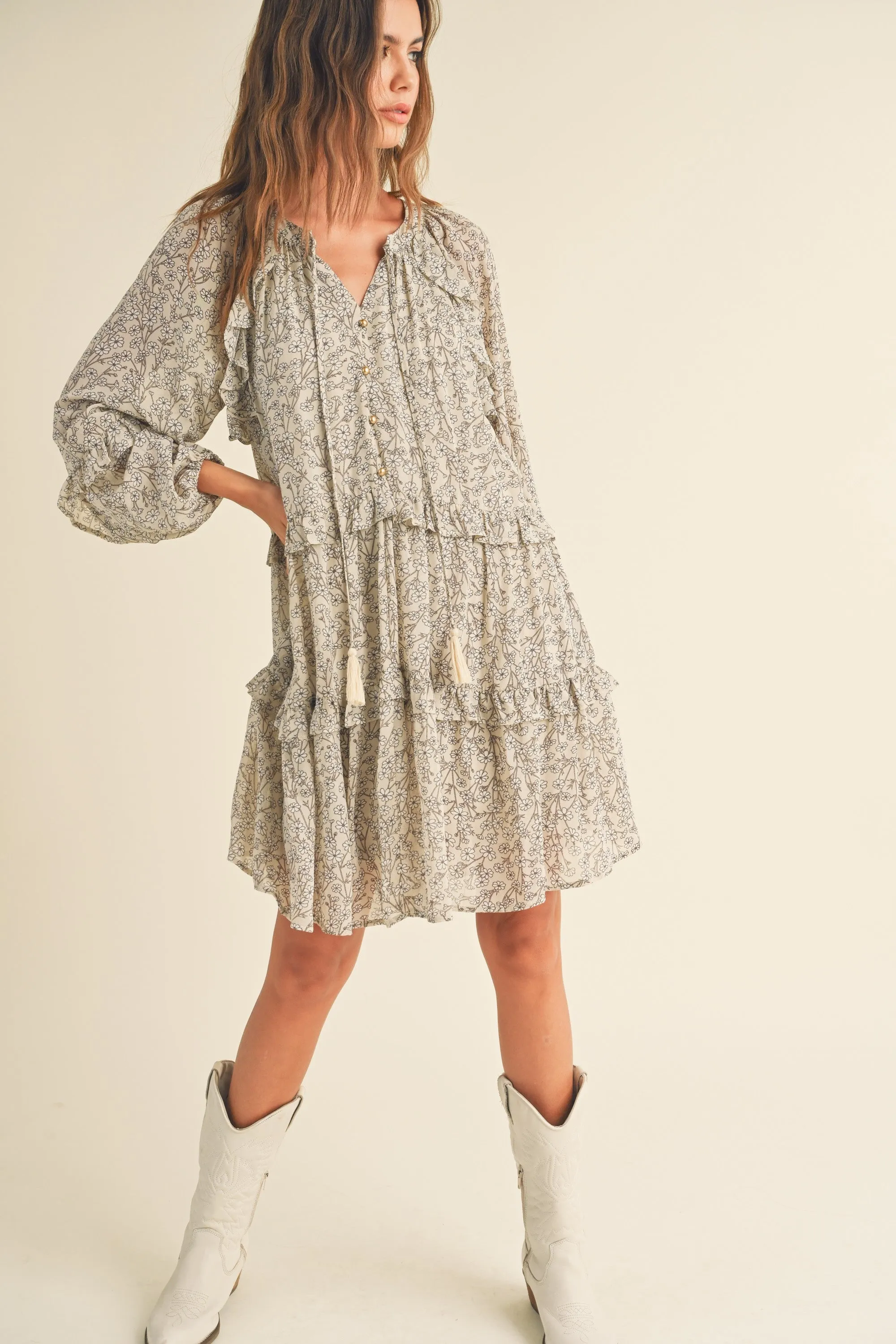 Raelynn Daisy Long Sleeve Flutter Dress