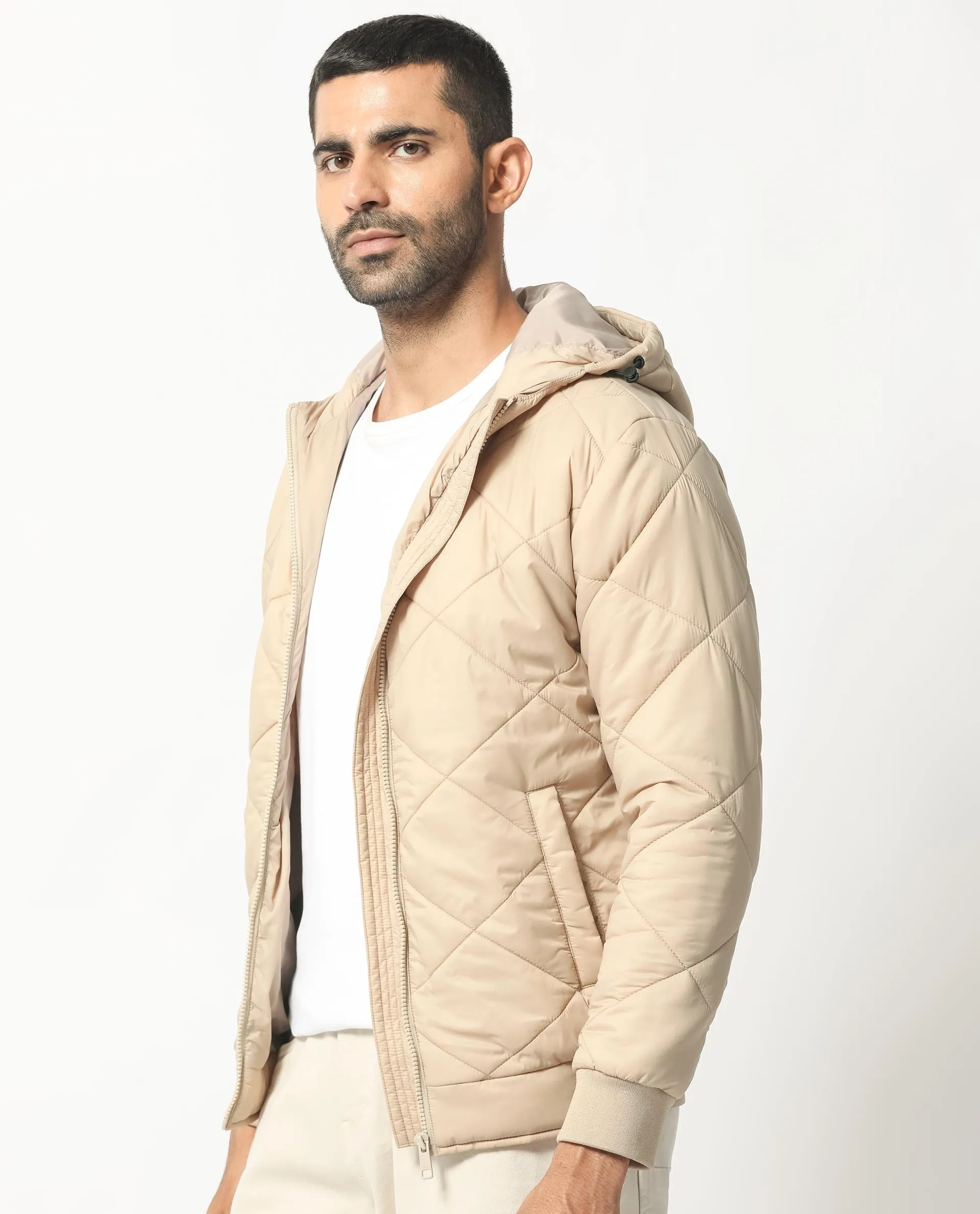Rare Rabbit Men's Parco Dark Beige Diamond Quilted Hooded Puffer Jacket