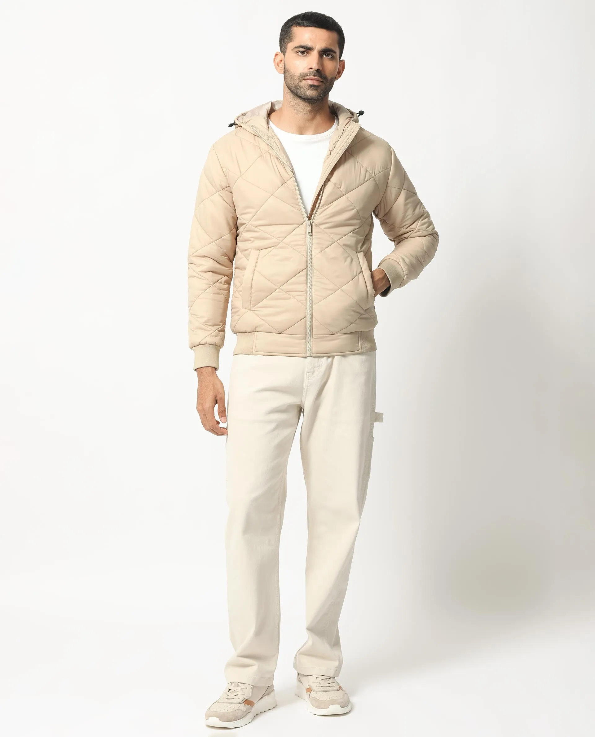 Rare Rabbit Men's Parco Dark Beige Diamond Quilted Hooded Puffer Jacket