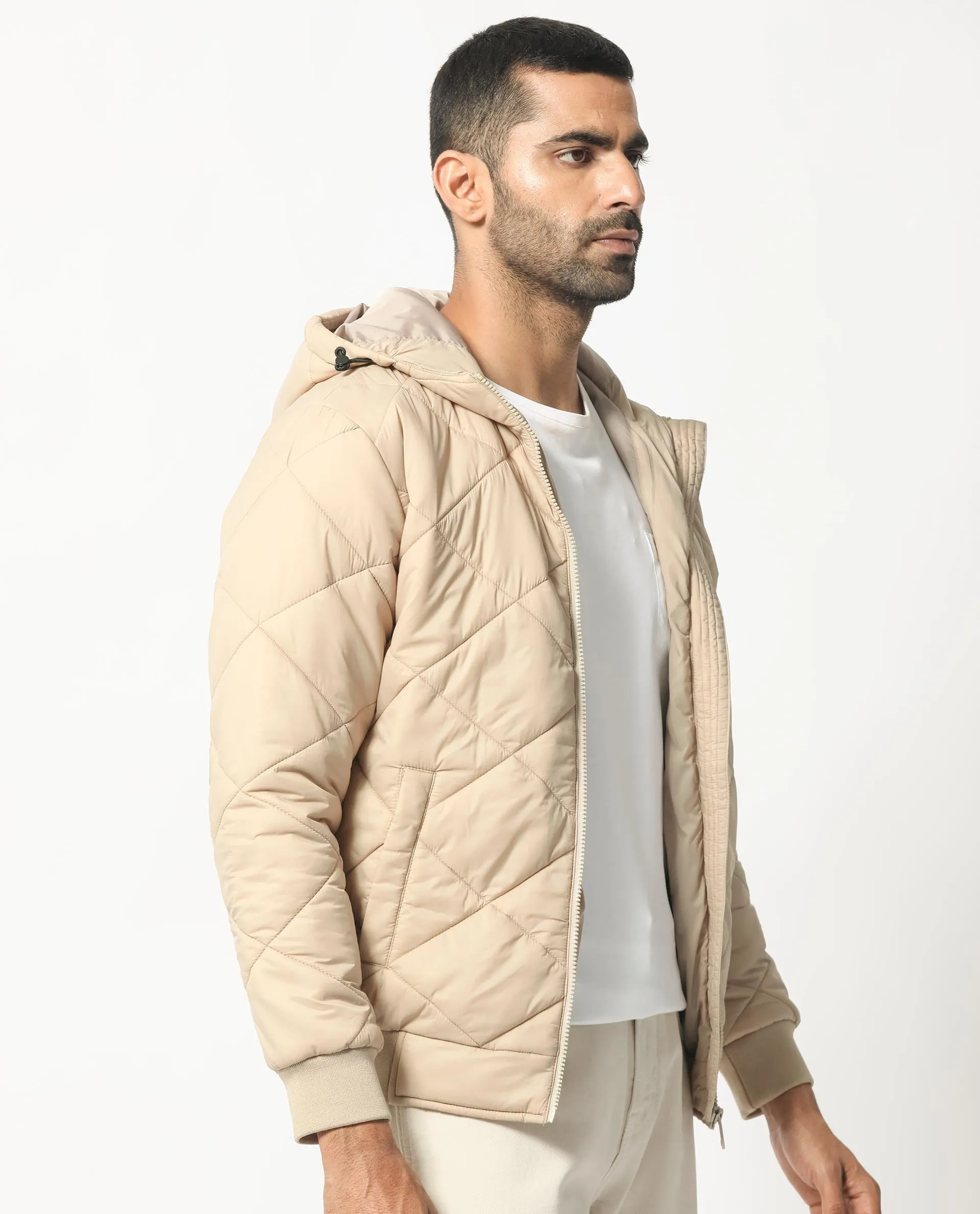 Rare Rabbit Men's Parco Dark Beige Diamond Quilted Hooded Puffer Jacket