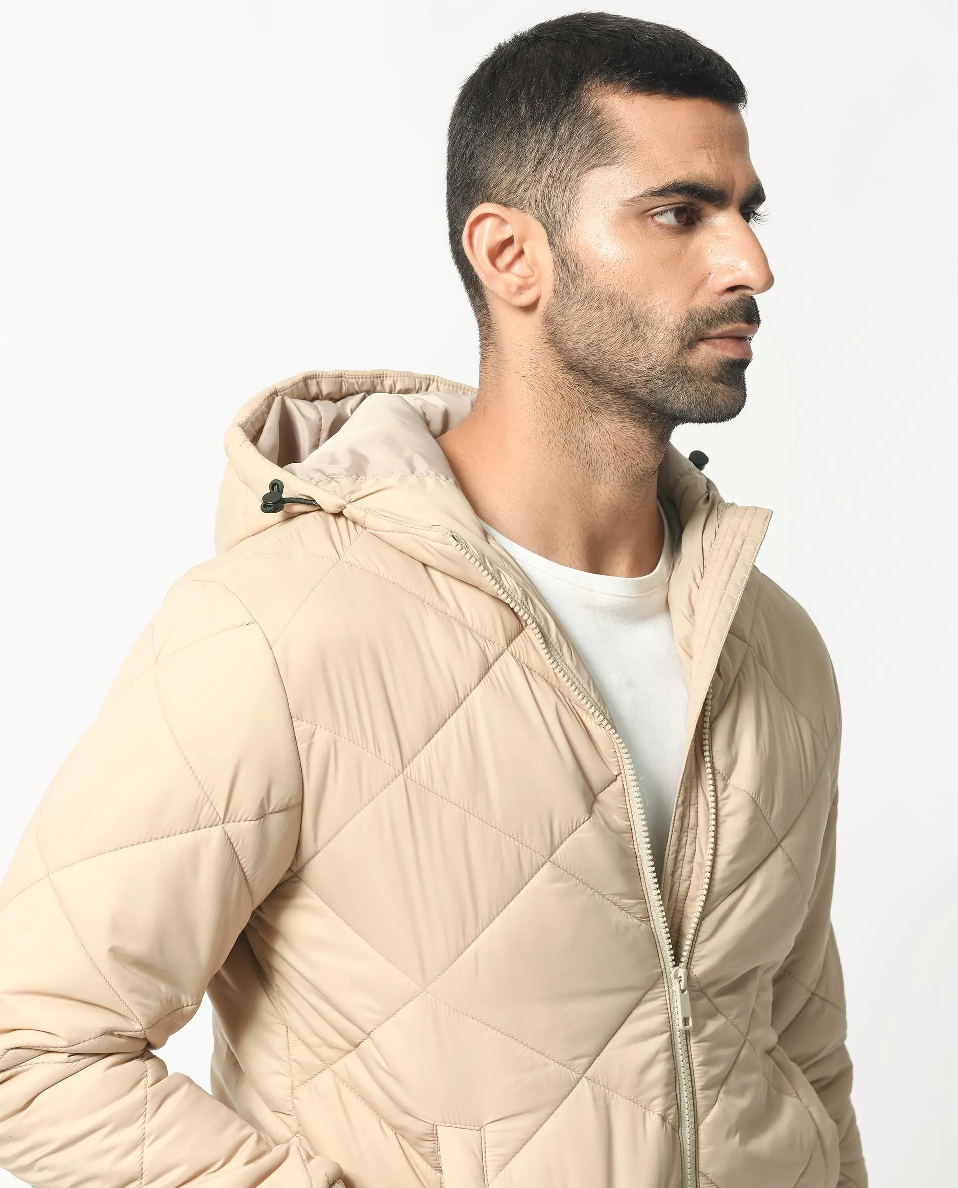 Rare Rabbit Men's Parco Dark Beige Diamond Quilted Hooded Puffer Jacket