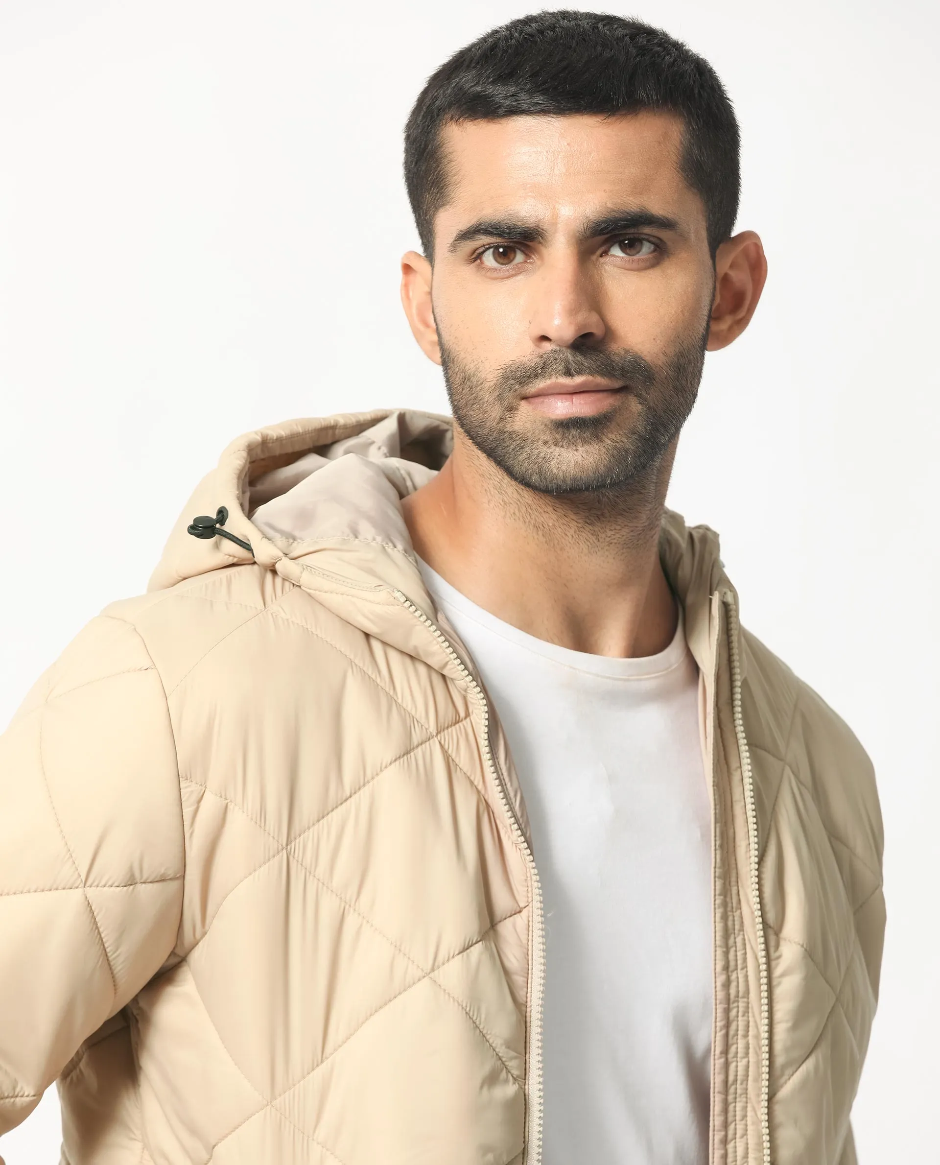 Rare Rabbit Men's Parco Dark Beige Diamond Quilted Hooded Puffer Jacket