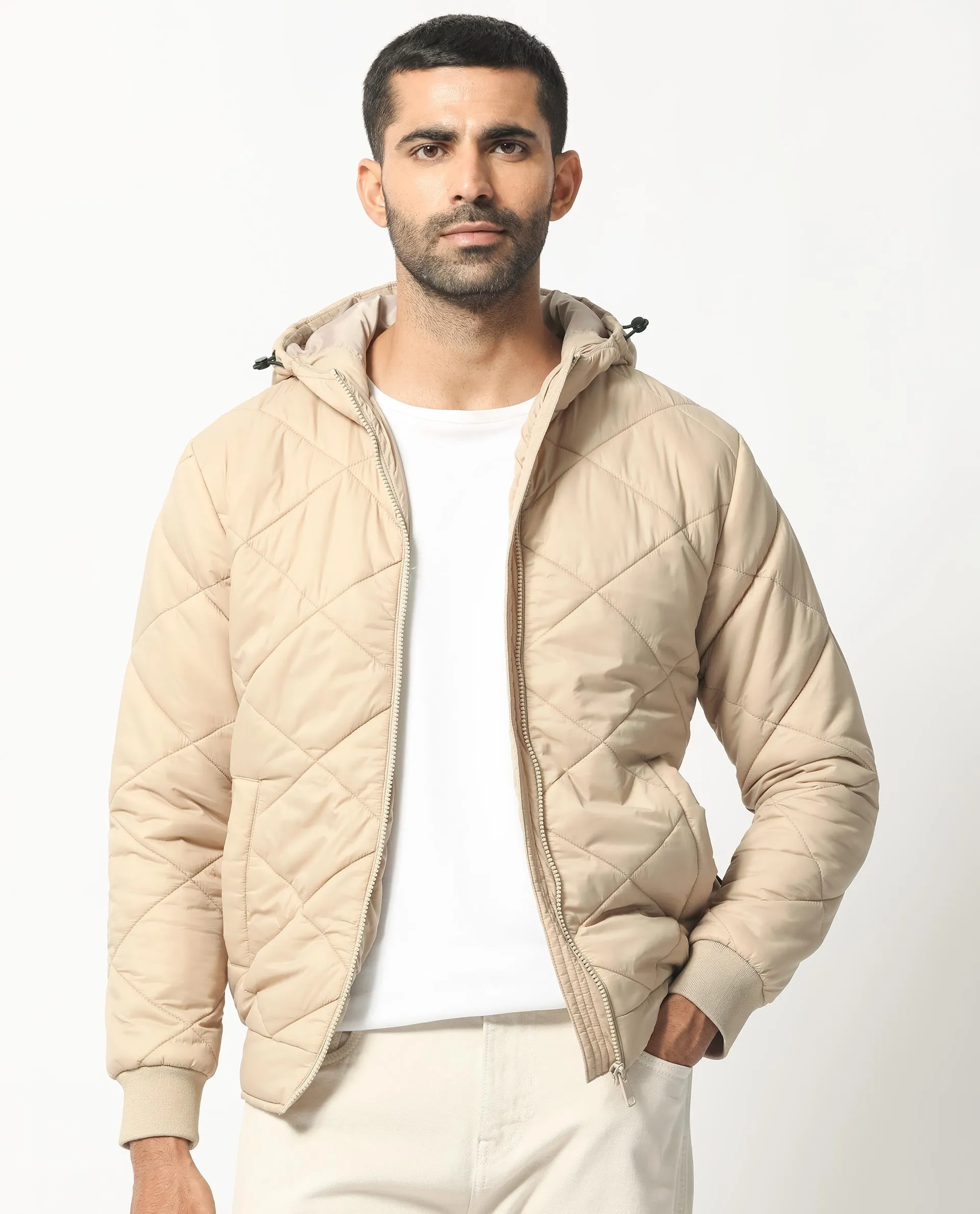 Rare Rabbit Men's Parco Dark Beige Diamond Quilted Hooded Puffer Jacket