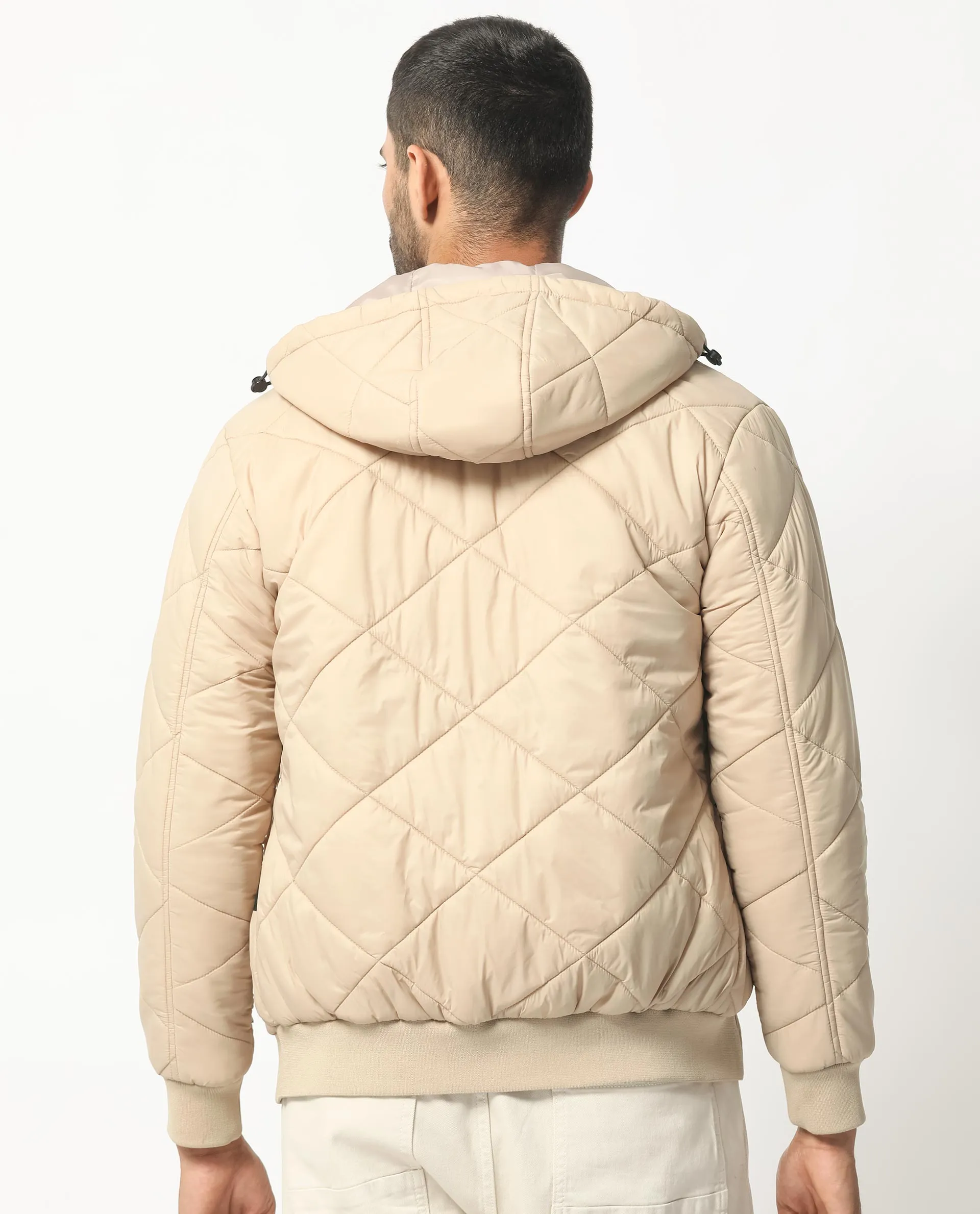 Rare Rabbit Men's Parco Dark Beige Diamond Quilted Hooded Puffer Jacket
