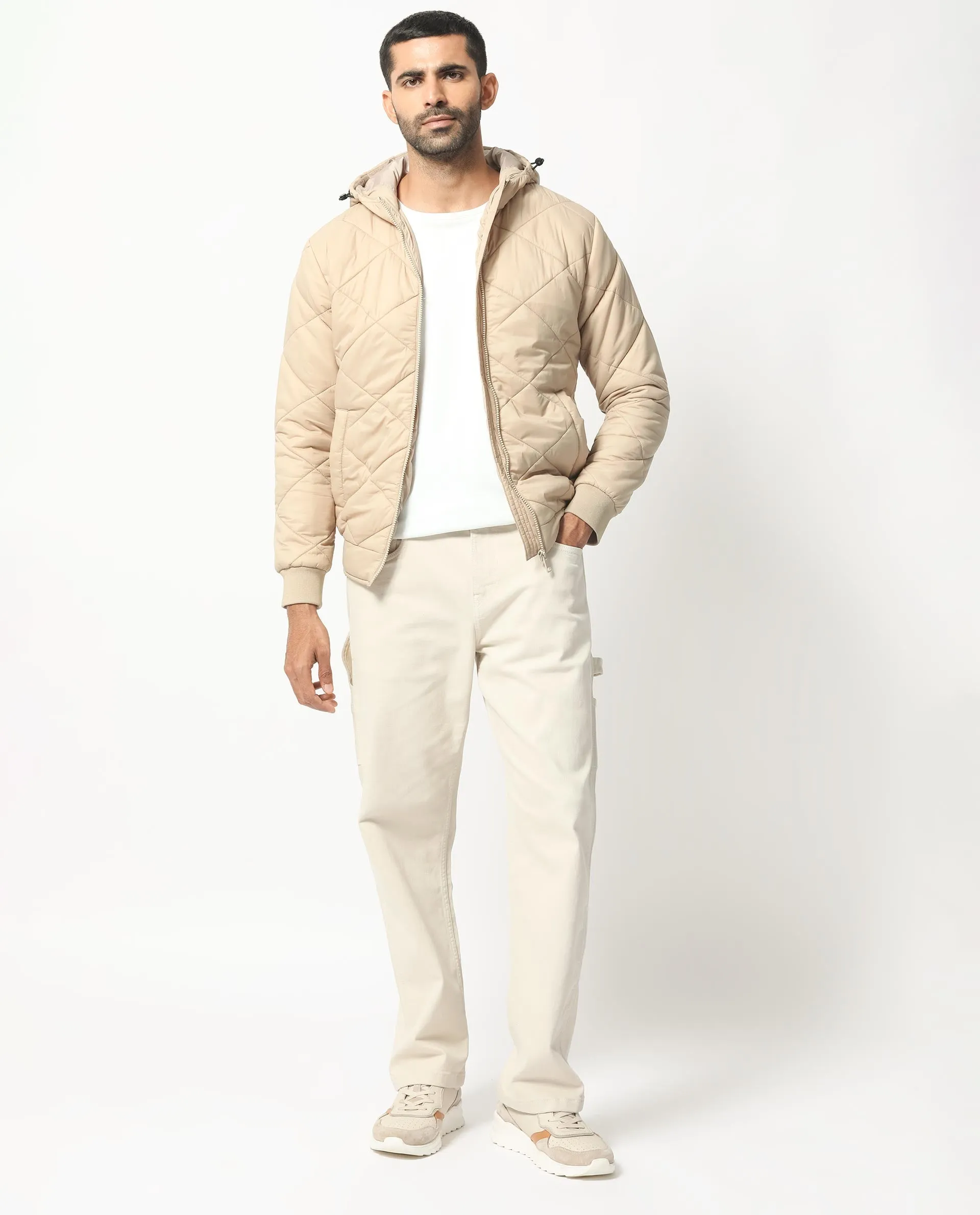Rare Rabbit Men's Parco Dark Beige Diamond Quilted Hooded Puffer Jacket