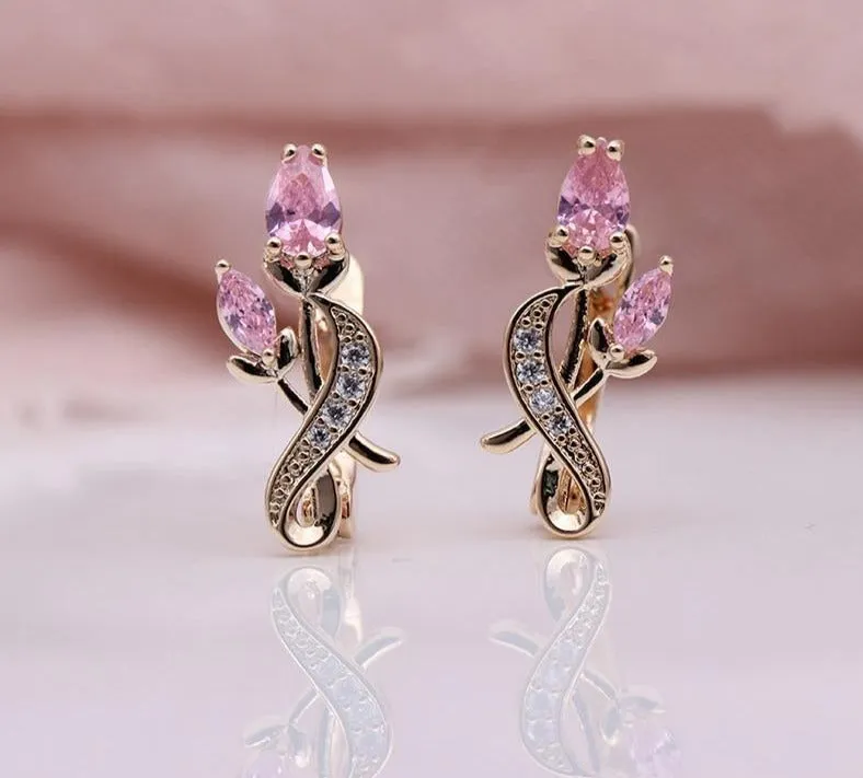 Rose Flower Earring Women Fashion 585 Rose Gold Water Drop Cubic Zircon Dangle Earrings