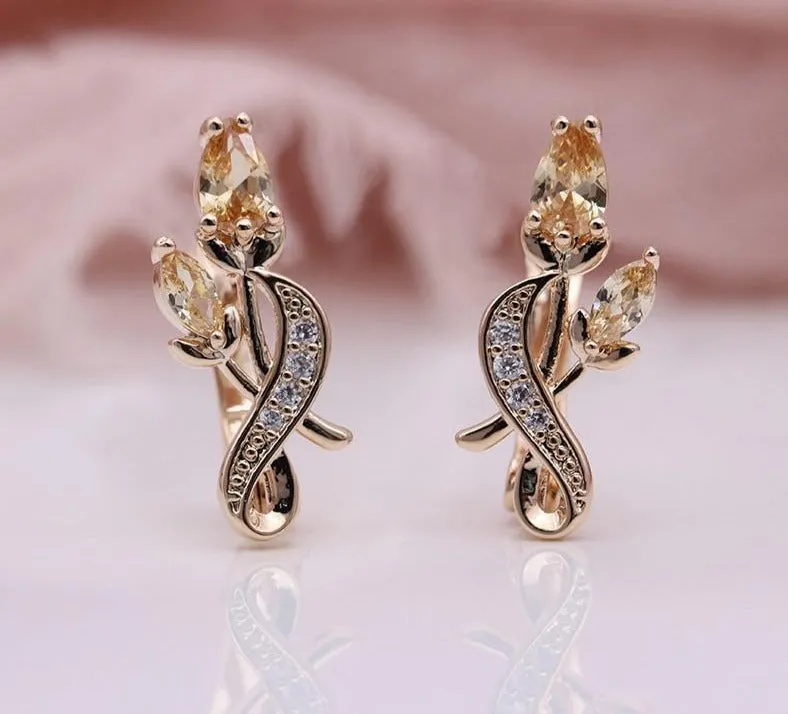 Rose Flower Earring Women Fashion 585 Rose Gold Water Drop Cubic Zircon Dangle Earrings