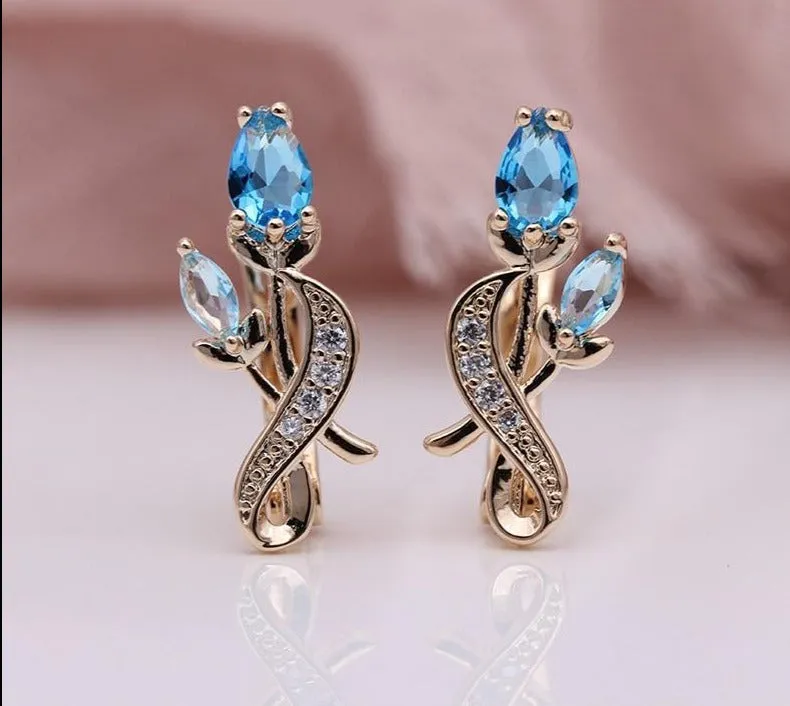 Rose Flower Earring Women Fashion 585 Rose Gold Water Drop Cubic Zircon Dangle Earrings