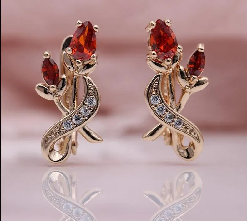 Rose Flower Earring Women Fashion 585 Rose Gold Water Drop Cubic Zircon Dangle Earrings
