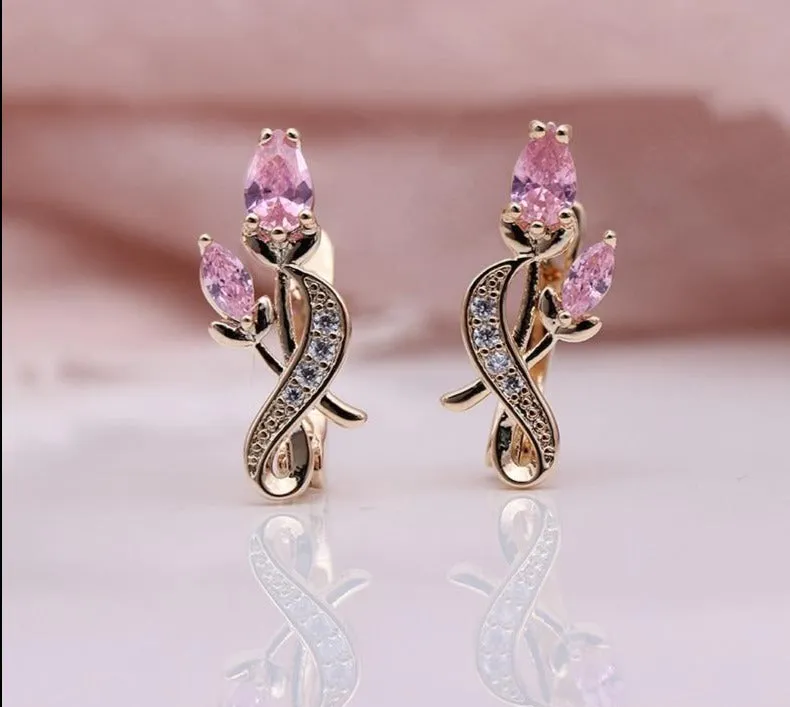Rose Flower Earring Women Fashion 585 Rose Gold Water Drop Cubic Zircon Dangle Earrings