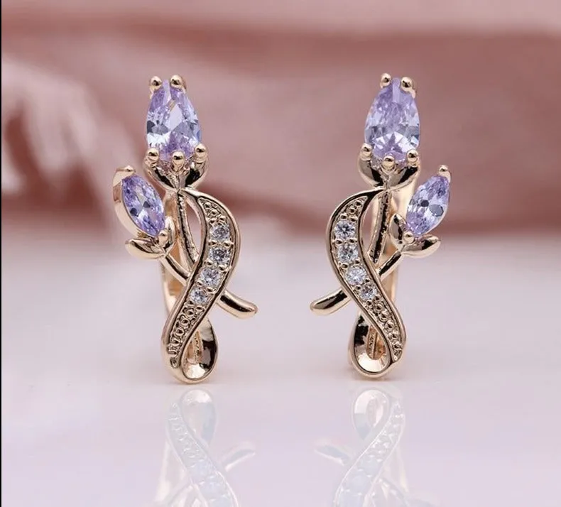 Rose Flower Earring Women Fashion 585 Rose Gold Water Drop Cubic Zircon Dangle Earrings