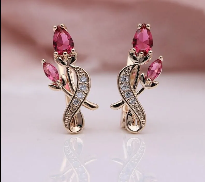 Rose Flower Earring Women Fashion 585 Rose Gold Water Drop Cubic Zircon Dangle Earrings