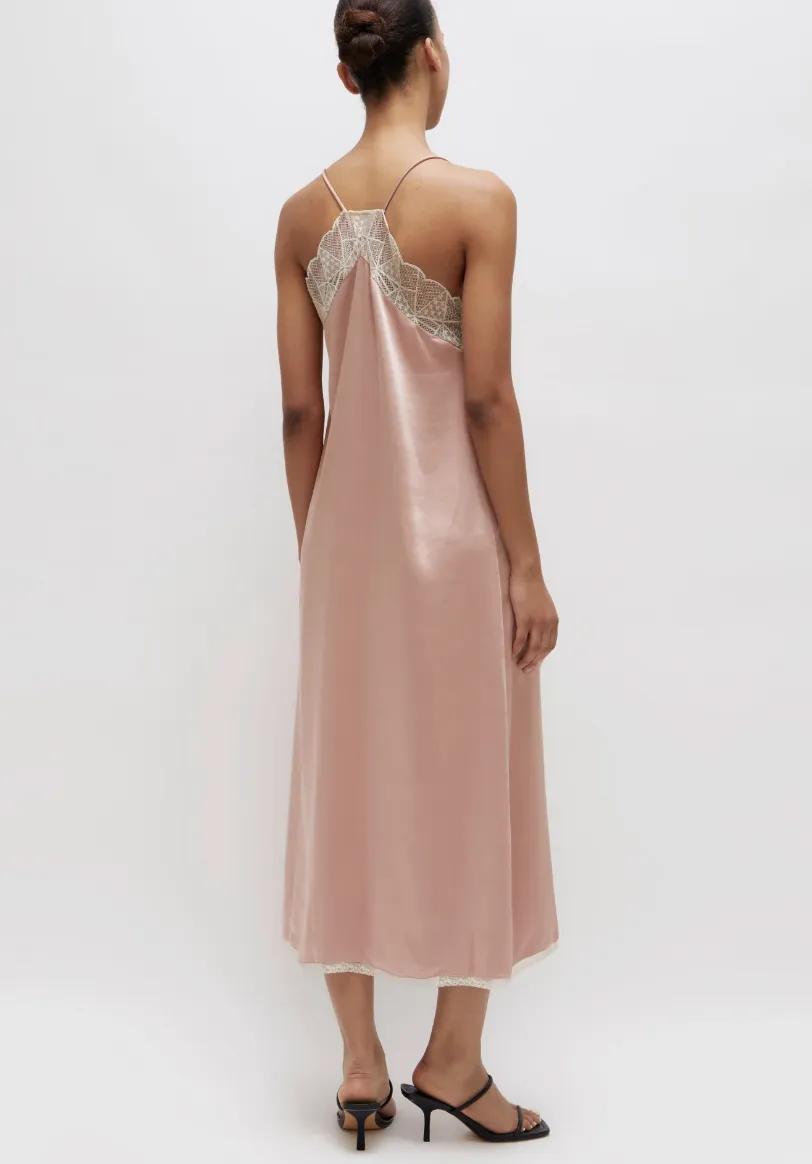 Satin Slip Midi Dress - Pink