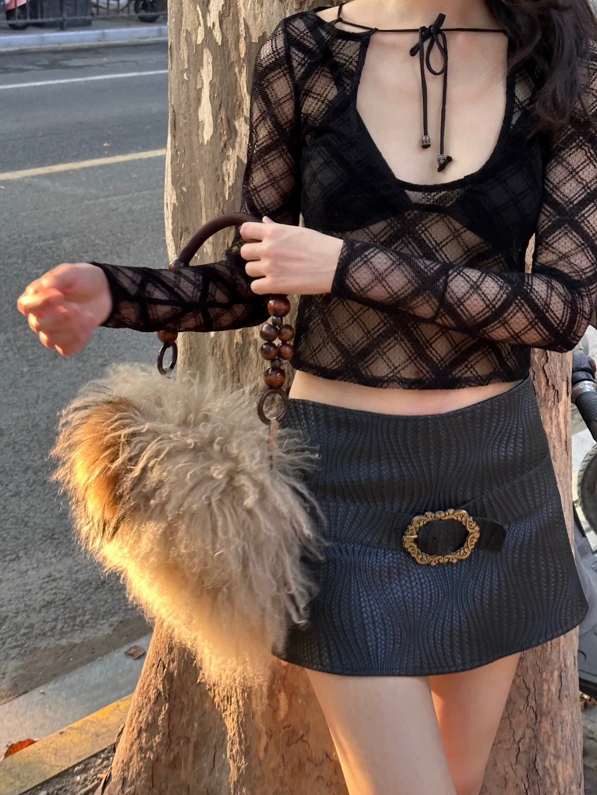 Sexy low neckline transparent plaid black long sleeve top