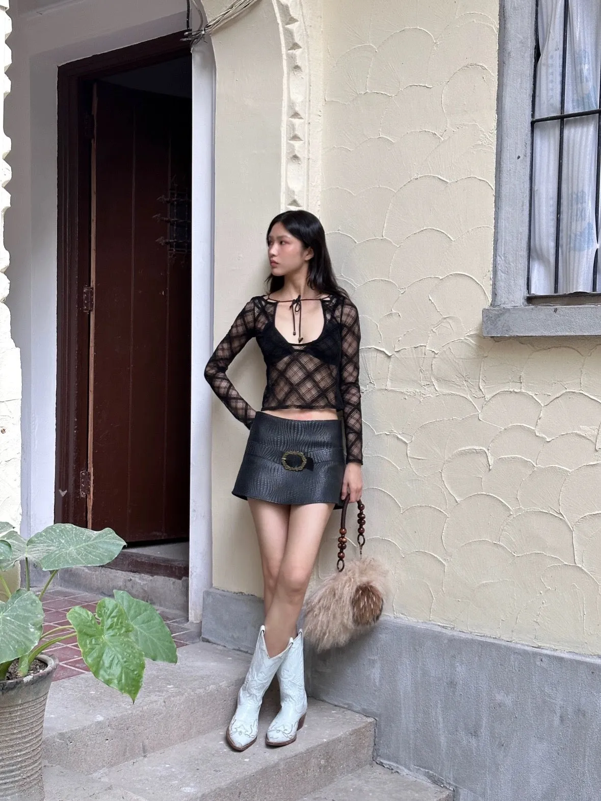 Sexy low neckline transparent plaid black long sleeve top