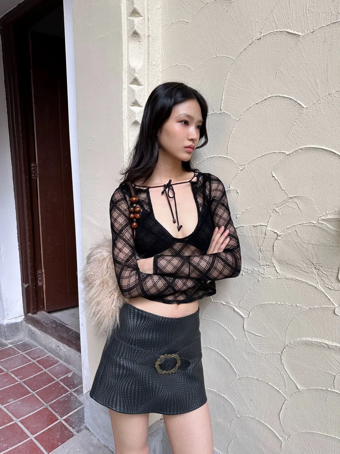 Sexy low neckline transparent plaid black long sleeve top