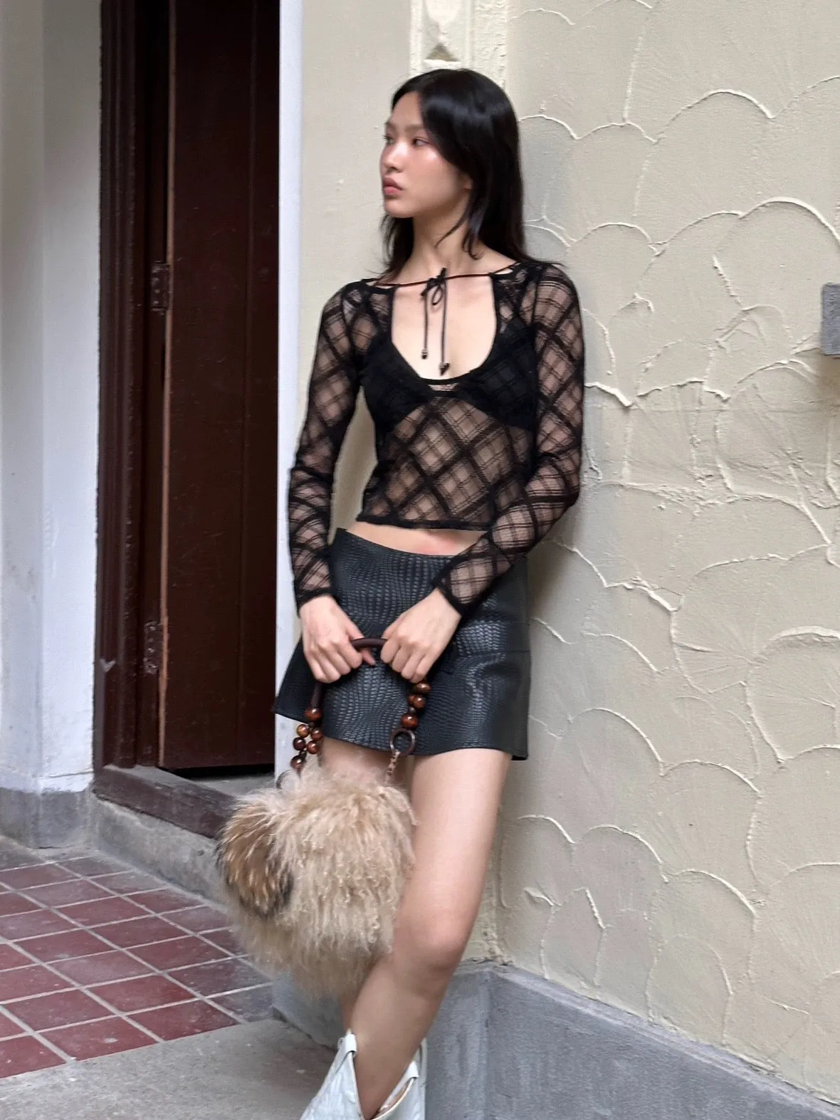 Sexy low neckline transparent plaid black long sleeve top