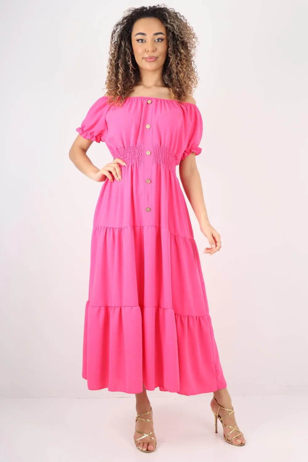 Shirred Elasticated Puffed Sleeve Maxi dress