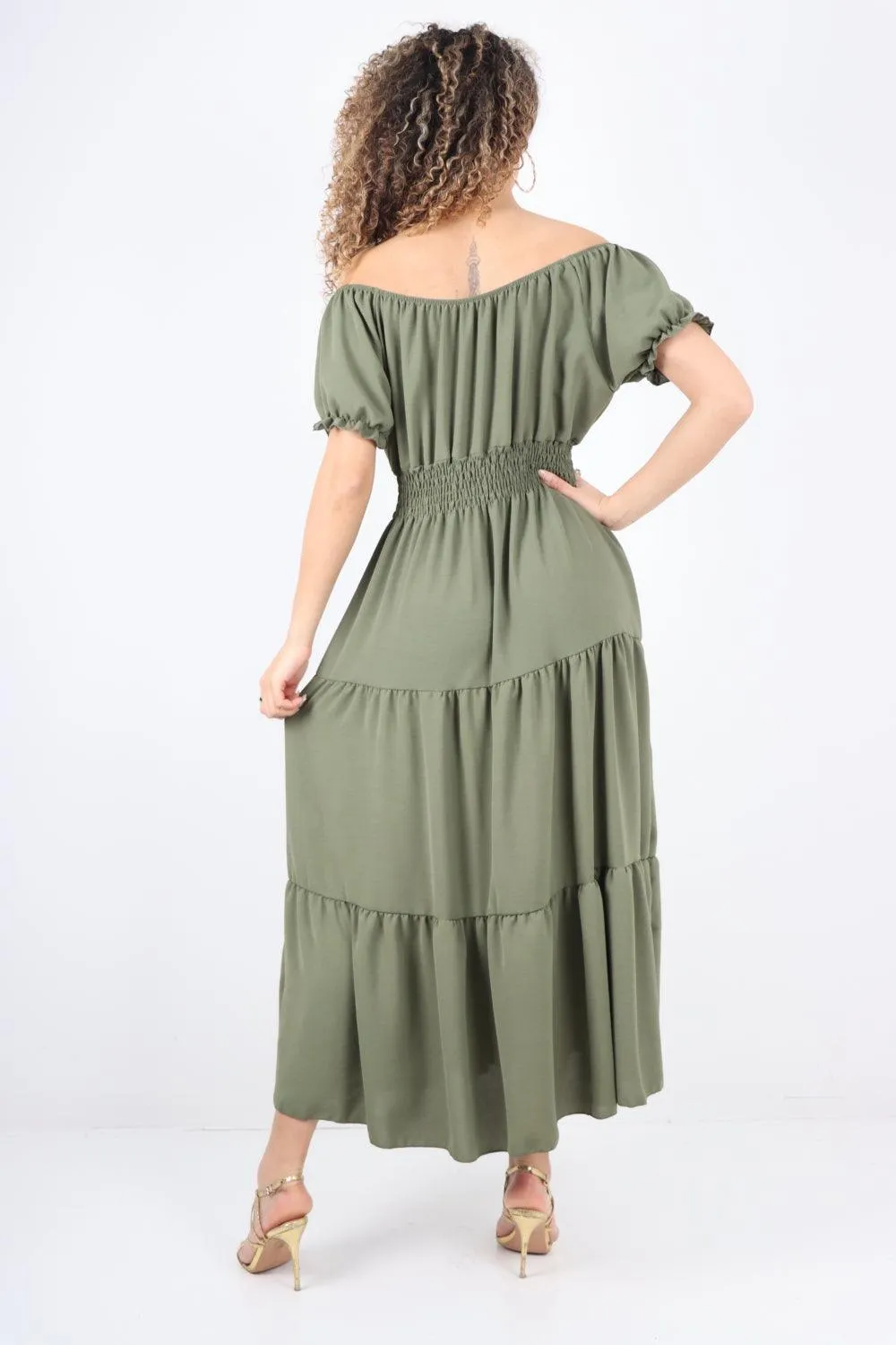 Shirred Elasticated Puffed Sleeve Maxi dress