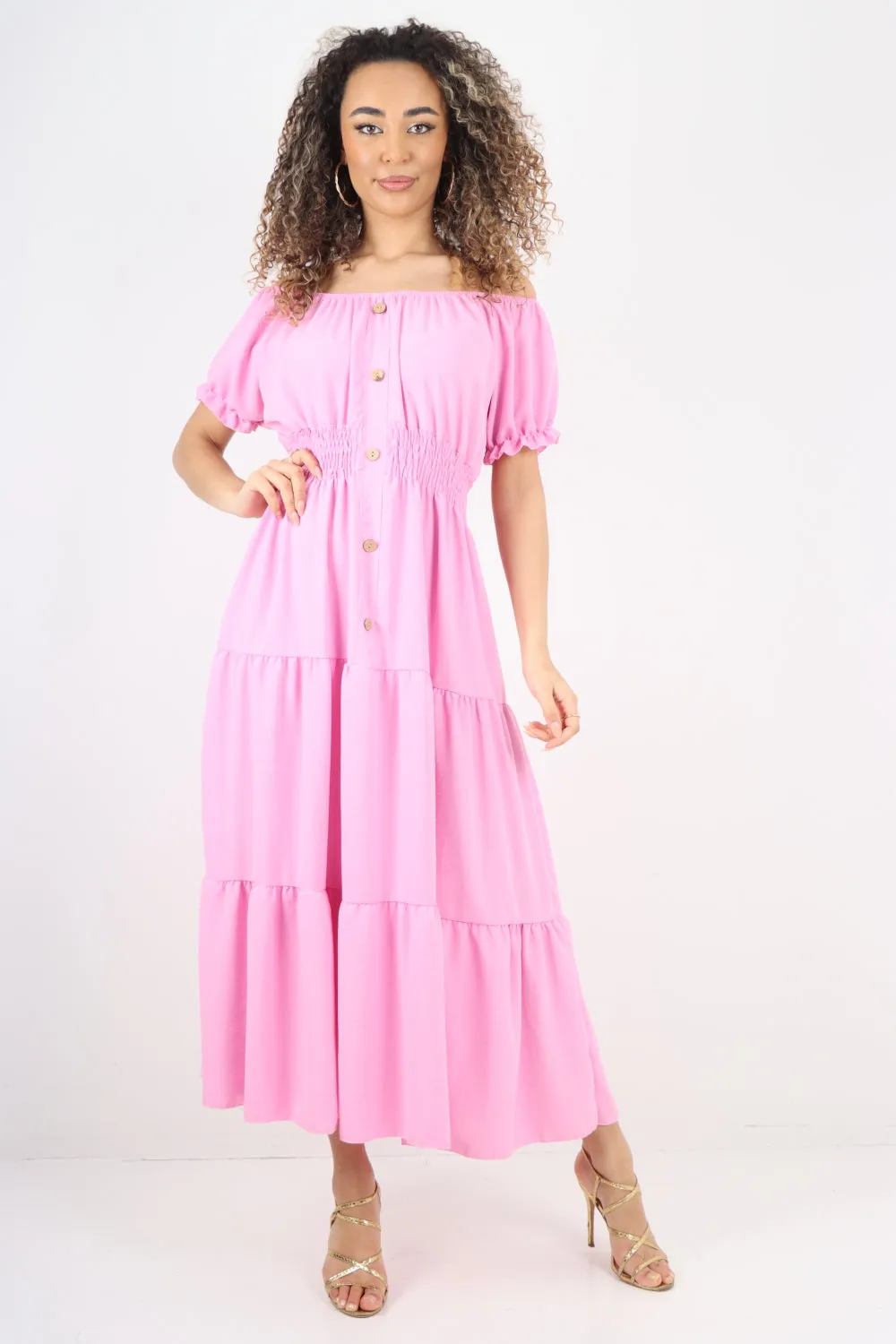 Shirred Elasticated Puffed Sleeve Maxi dress