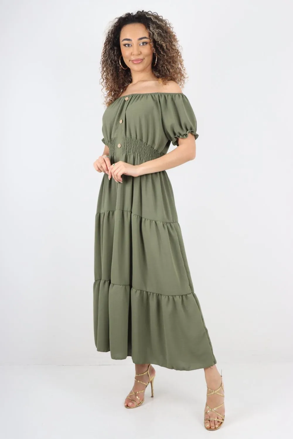 Shirred Elasticated Puffed Sleeve Maxi dress