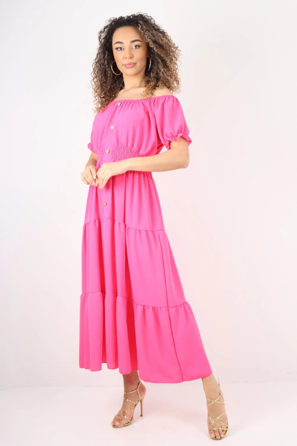 Shirred Elasticated Puffed Sleeve Maxi dress